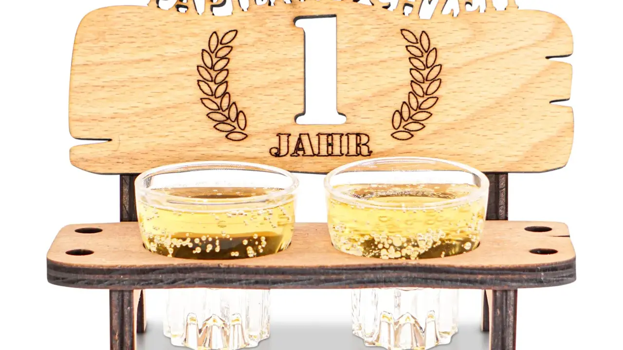 Holzdeko zum 1. Hochzeitstag: "Papierhochzeit 1 Jahr" mit zwei Gläsern Sekt.