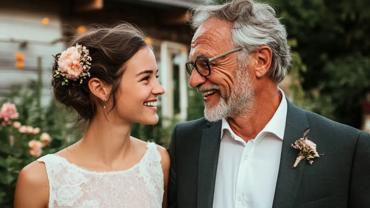 Glücklicher Vater und Tochter, die sich ansehen. Sie lächeln beide. Sie ist in einem weißen Spitzenkleid, er in einem Anzug. Ein schöner Moment vor der Rede zur Hochzeit der Tochter.
