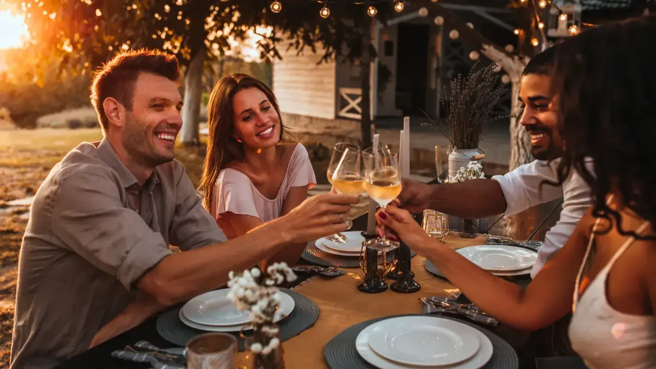 Freunde stoßen mit Wein an bei einem Abendessen im Freien. Die Sonne geht unter und taucht die Szene in warmes Licht. Ein schöner Moment für einen Toast.