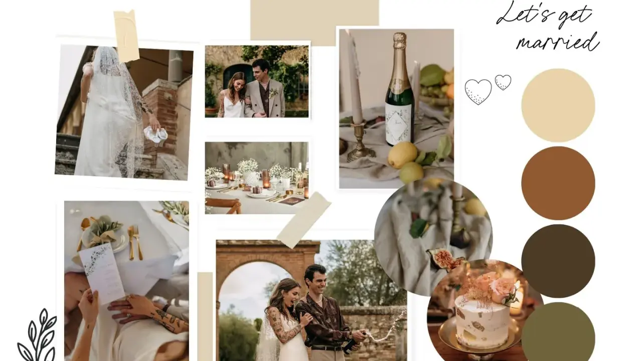 Hochzeits-Moodboard mit Brautpaar, Tischdeko, Champagner und Torte. Natürliche Farben und romantische Stimmung.