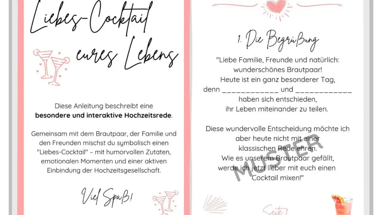 Vorlage für eine interaktive Hochzeitsrede: Ein "Liebes-Cocktail" mit humorvollen Zutaten, perfekt für die Trauzeugin.