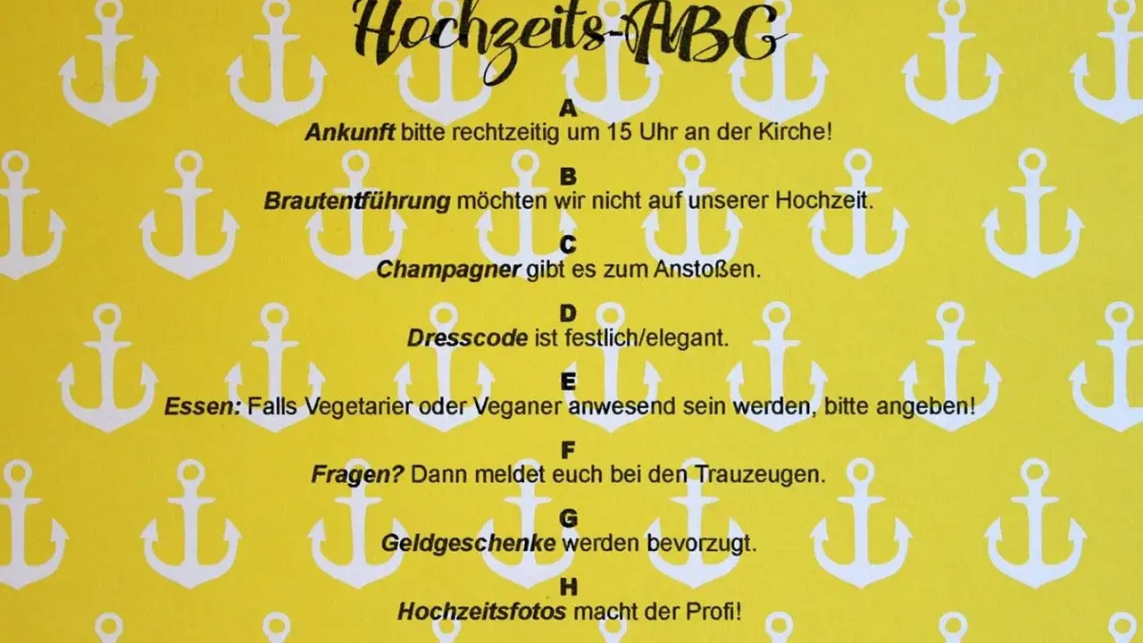 Hochzeits-ABC mit Anker-Muster: Infos zu Ankunft, Dresscode, Essen & mehr.