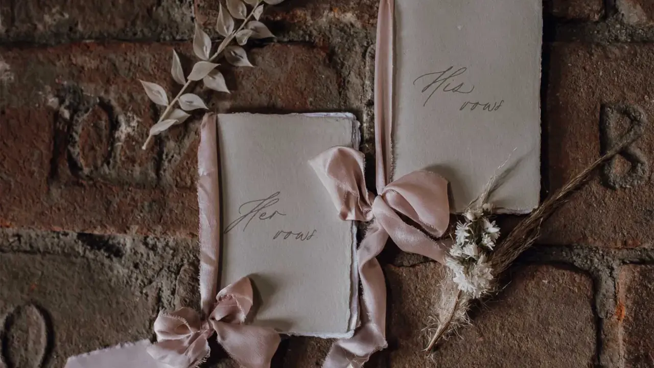 Zwei Büchlein mit zarten Bändern, auf denen "His vows" und "Her vows" steht, bereit, um Eheversprechen zu schreiben.