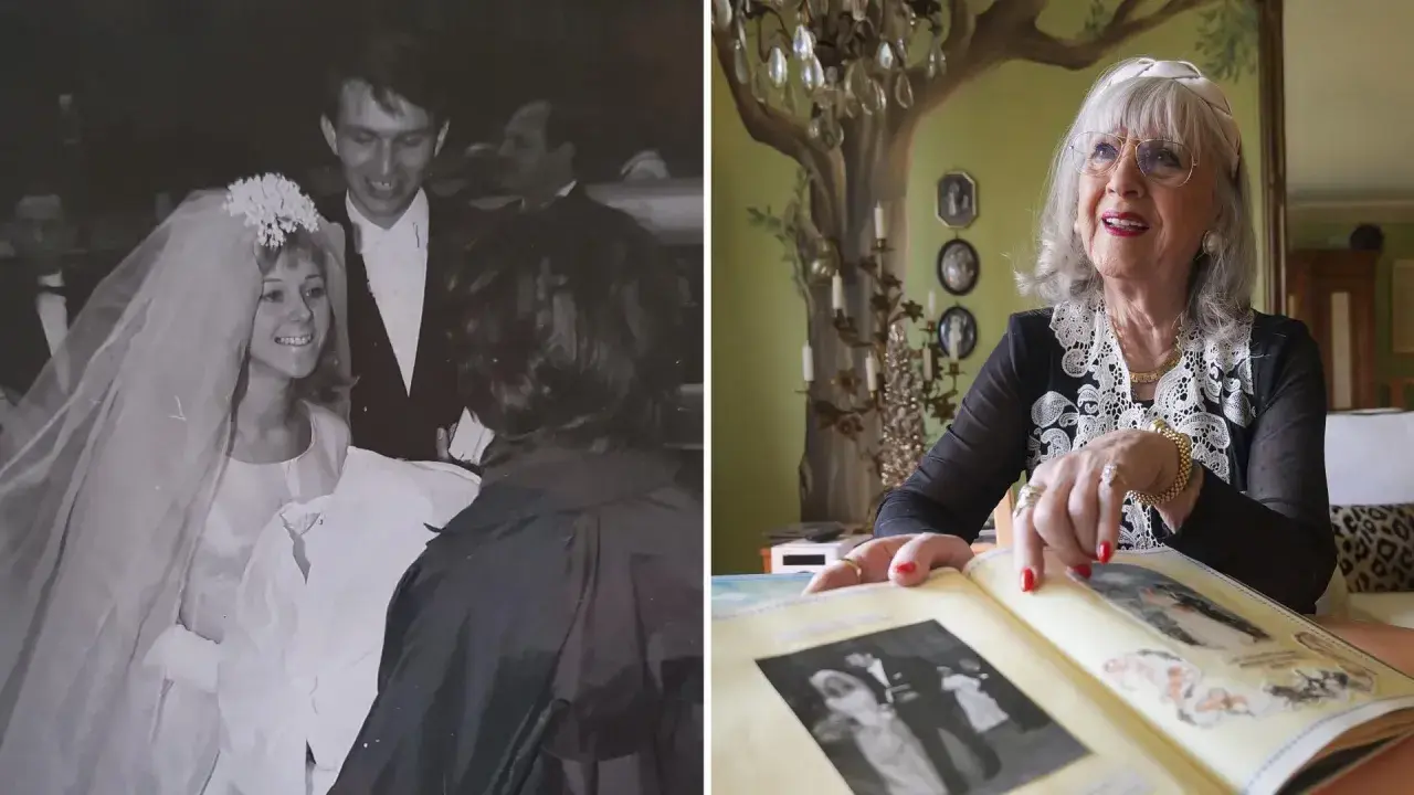 Eine Braut und ihr Bräutigam auf einem Hochzeitsfoto, daneben eine ältere Dame, die in einem Album blättert, das wie eine alte **Hochzeitsanzeige Zeitung** aussieht.