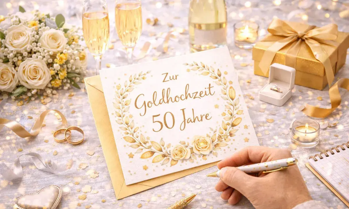 Festliche Szene zur goldenen Hochzeit: Karte mit "Zur Goldhochzeit 50 Jahre", Champagner, Rosen, Ringen und Geschenk. Perfekt, um Ideen zu sammeln, was man zur goldenen hochzeit schreibt.