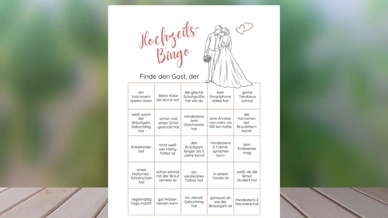 Hochzeits-Bingo-Vorlage mit lustigen Aufgaben, um Gäste kennenzulernen. Perfekt für eine lockere Hochzeitsrede!