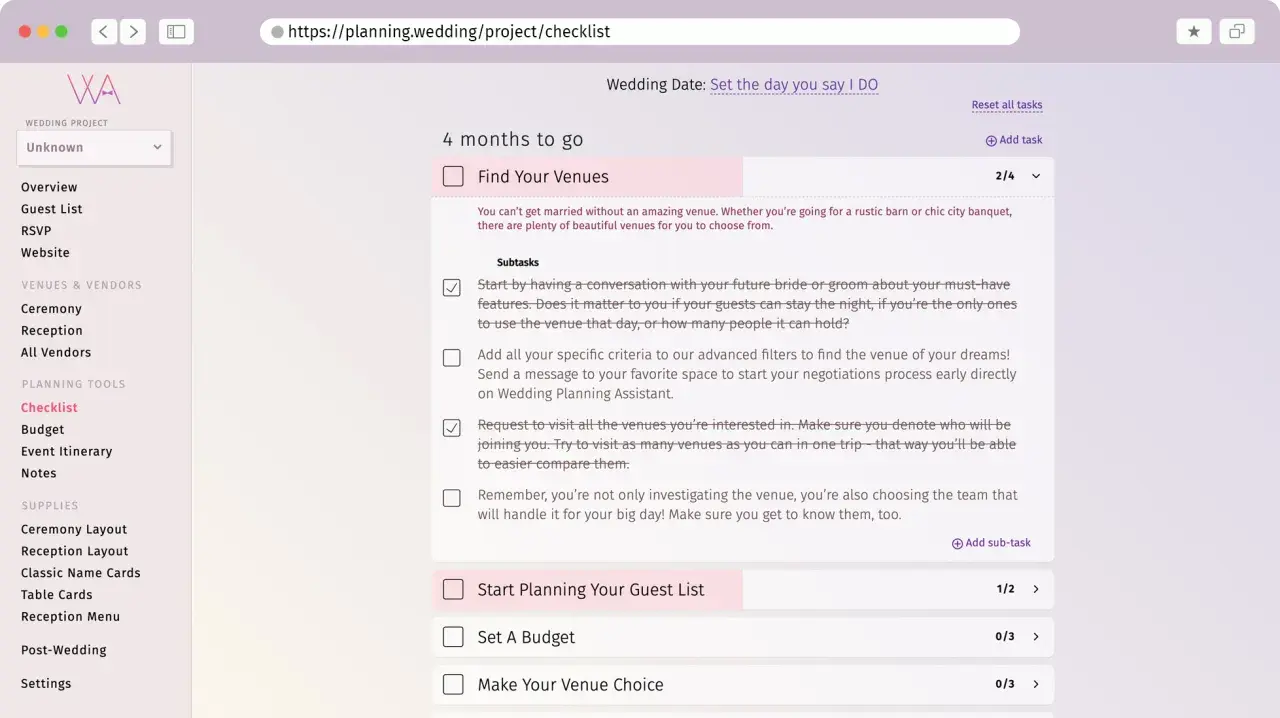 Hochzeitsplanung: Die Checkliste zeigt offene Aufgaben wie "Finde deine Locations" und "Plane deine Gästeliste".