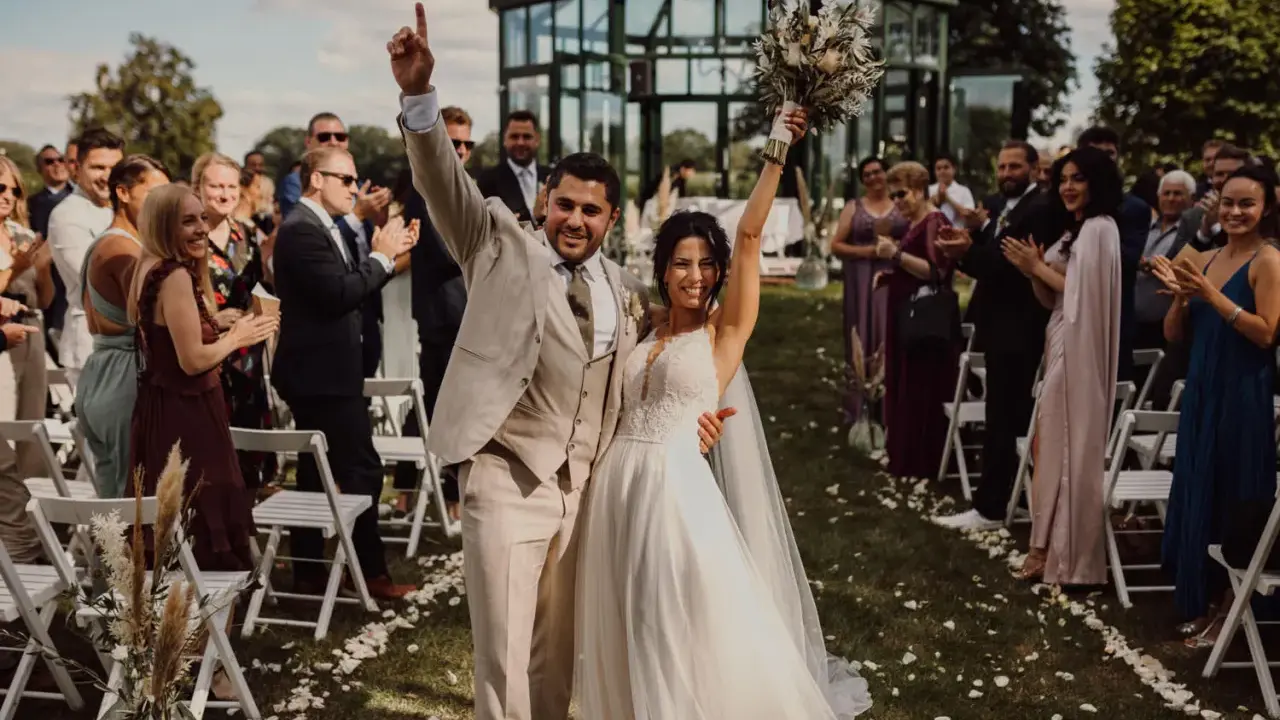 Glückliches Brautpaar feiert den Beginn des Hochzeitsablaufplans. Gäste applaudieren bei der Zeremonie im Freien.