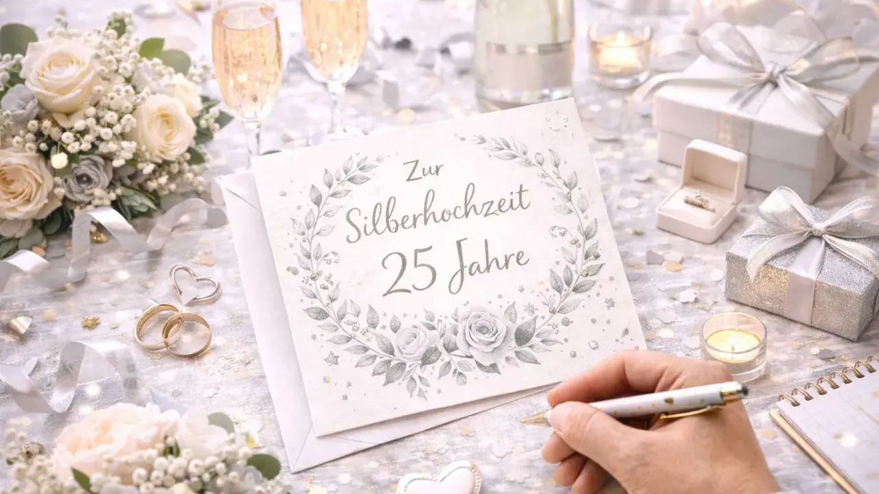 Eine Hand schreibt auf einer Karte "Zur Silberhochzeit 25 Jahre". Umgeben von Blumen, Ringen, Sektgläsern und Geschenken.