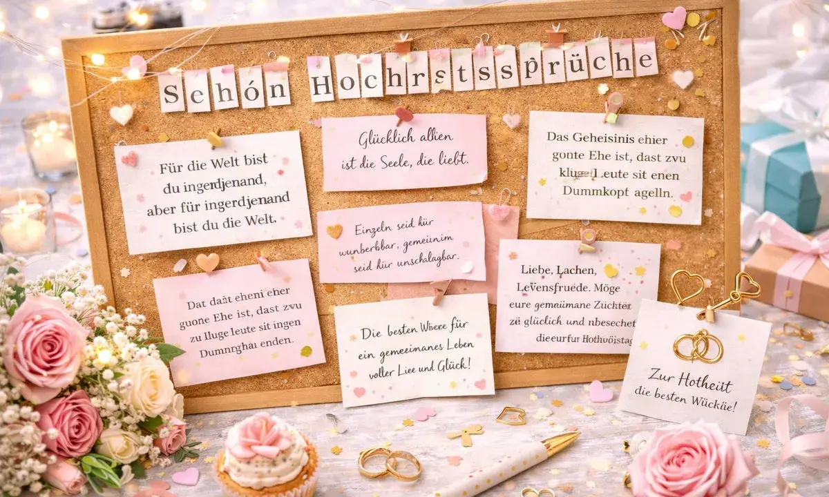 Hochzeitssprüche auf einer Pinnwand, umgeben von Rosen, Kerzen und Geschenken. Eine süße Idee für Hochzeit Gratulation.