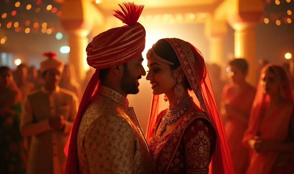 Ein strahlendes Paar bei einer indischen Hochzeit. Der Bräutigam trägt einen goldenen Sherwani und einen roten Turban, die Braut ein rotes Sari-Kleid und Schmuck.