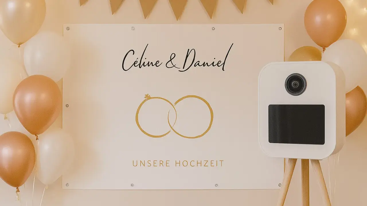 Hochzeits-Deko mit Ballons und einem DIY Photo Booth für Céline & Daniel.