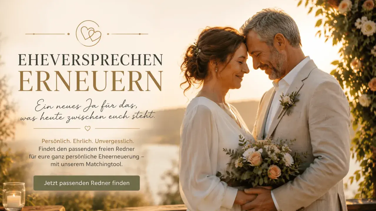 Ein glückliches Paar erneuert sein Eheversprechen. Finde den perfekten Redner für deine persönliche Eheerneuerung.