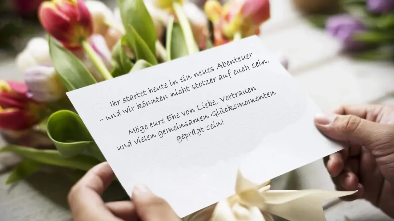 Hände halten eine Karte mit Glückwünschen vor einem Blumenstrauß. "Alles liebe zu eurem Hochzeitstag!" steht darauf.
