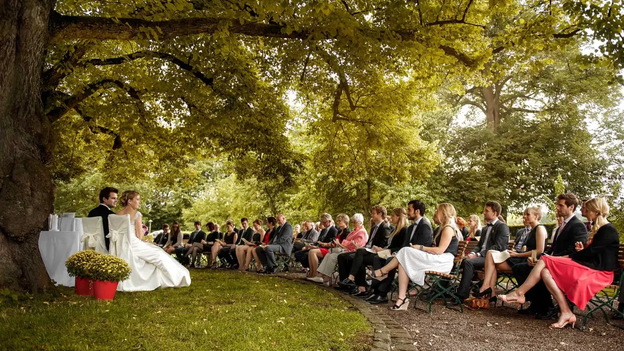 Hochzeit im Freien unter einem Baum. Gäste sitzen auf Bänken. Tolle Ideen zur Hochzeit für eine romantische Zeremonie.