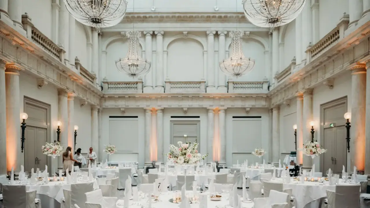 Elegante Tische mit weißen Hussen und Blumenarrangements in einem prunkvollen Saal mit Kronleuchtern – eine besondere Hochzeitslocation.