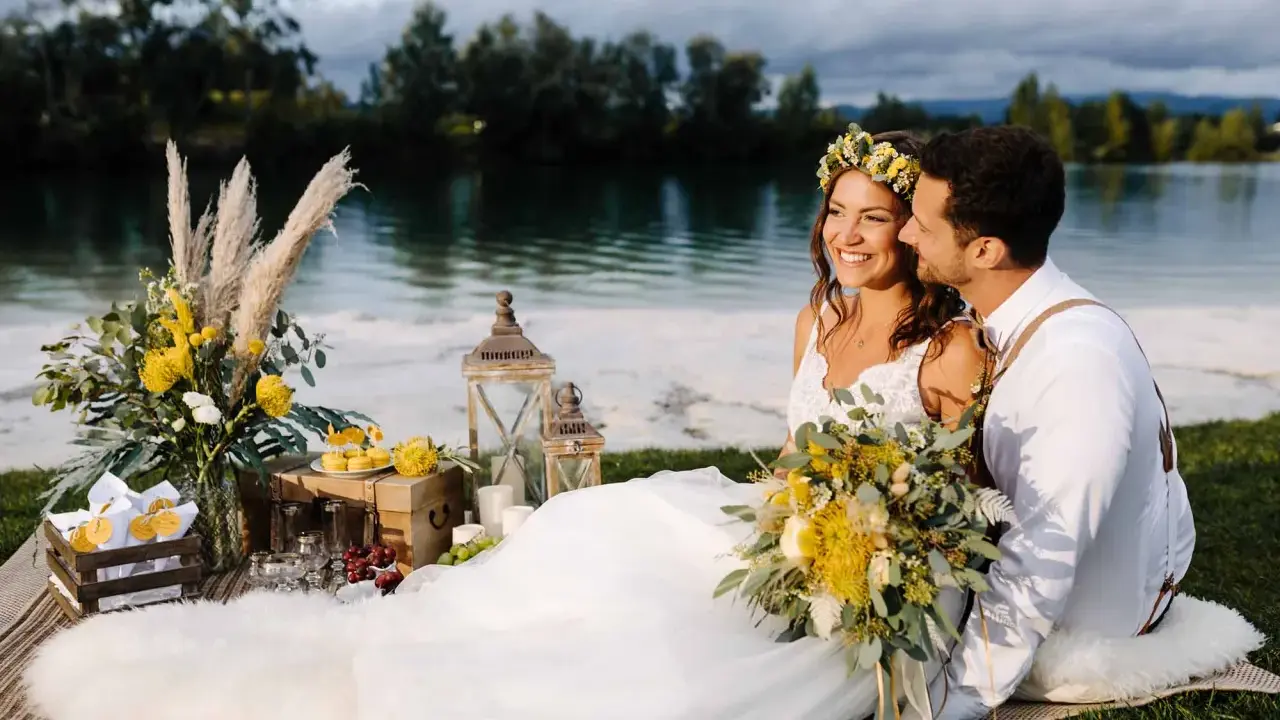 Glückliches Brautpaar genießt seine Hochzeit am See. Blumen, Laternen und ein Picknickkorb schaffen romantische Atmosphäre.