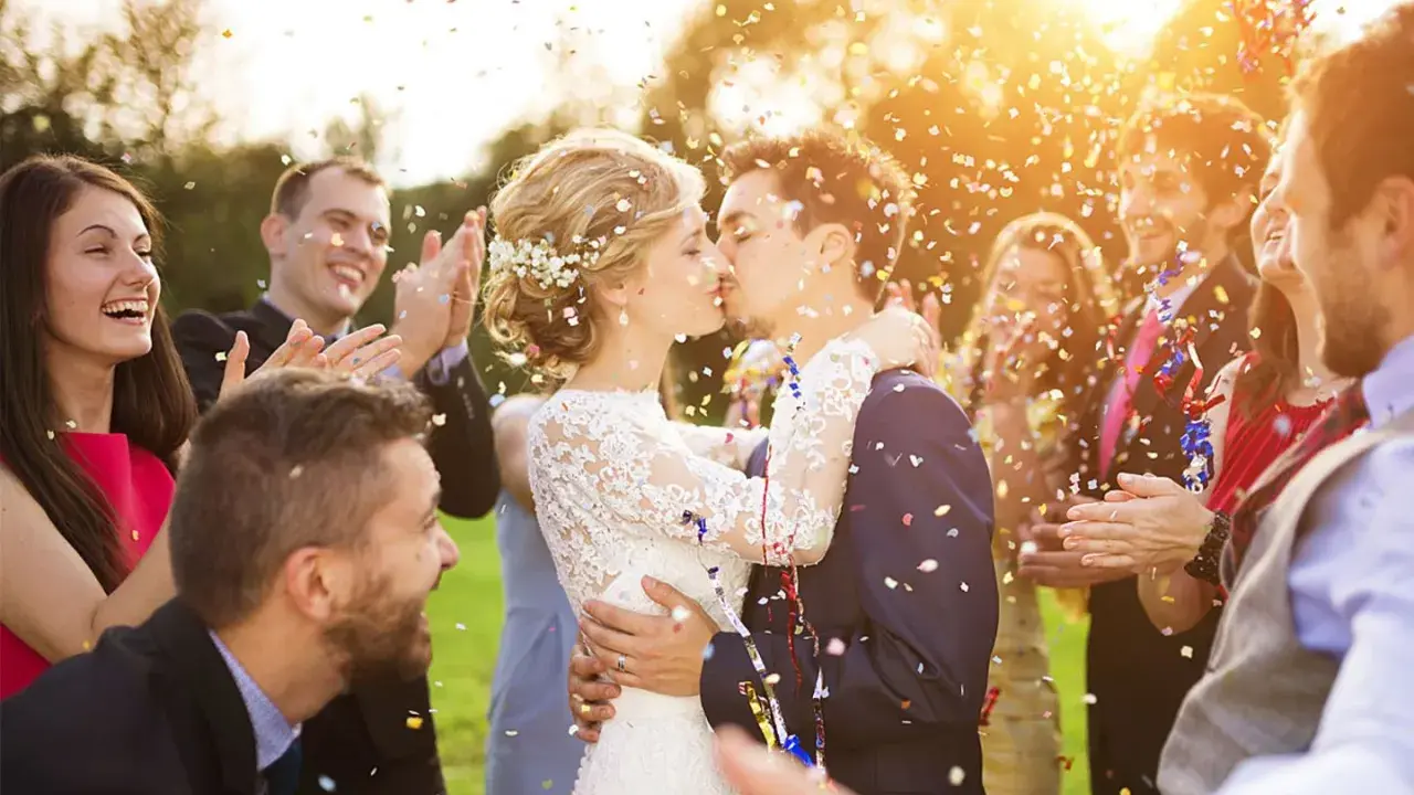 Glückliches Brautpaar küsst sich im Konfettiregen, umgeben von lachenden Gästen. Tolle Spiele zur Hochzeit!
