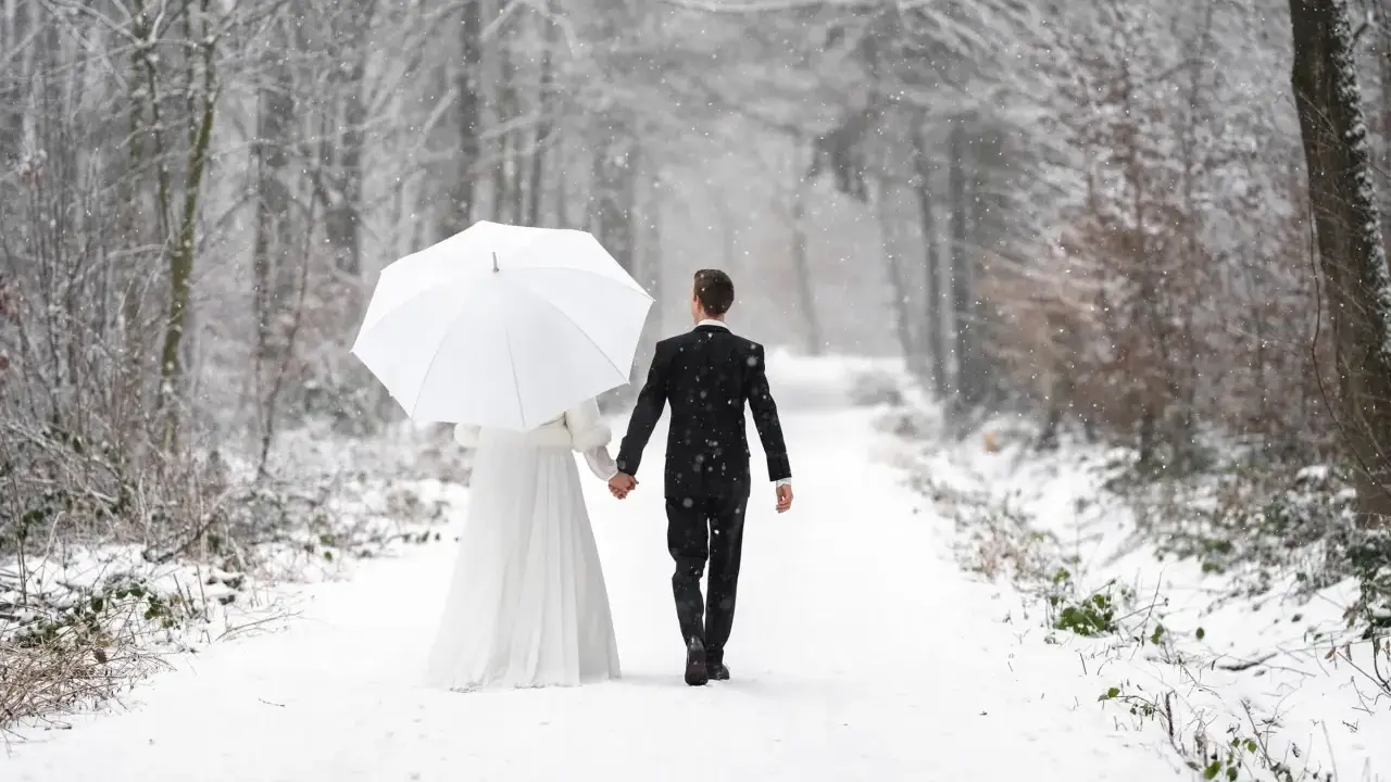 Ein Brautpaar geht Hand in Hand unter einem weißen Schirm durch einen verschneiten Wald. Vielleicht ist dies der beste Monat zum Heiraten für alle, die eine romantische Winterhochzeit wünschen.
