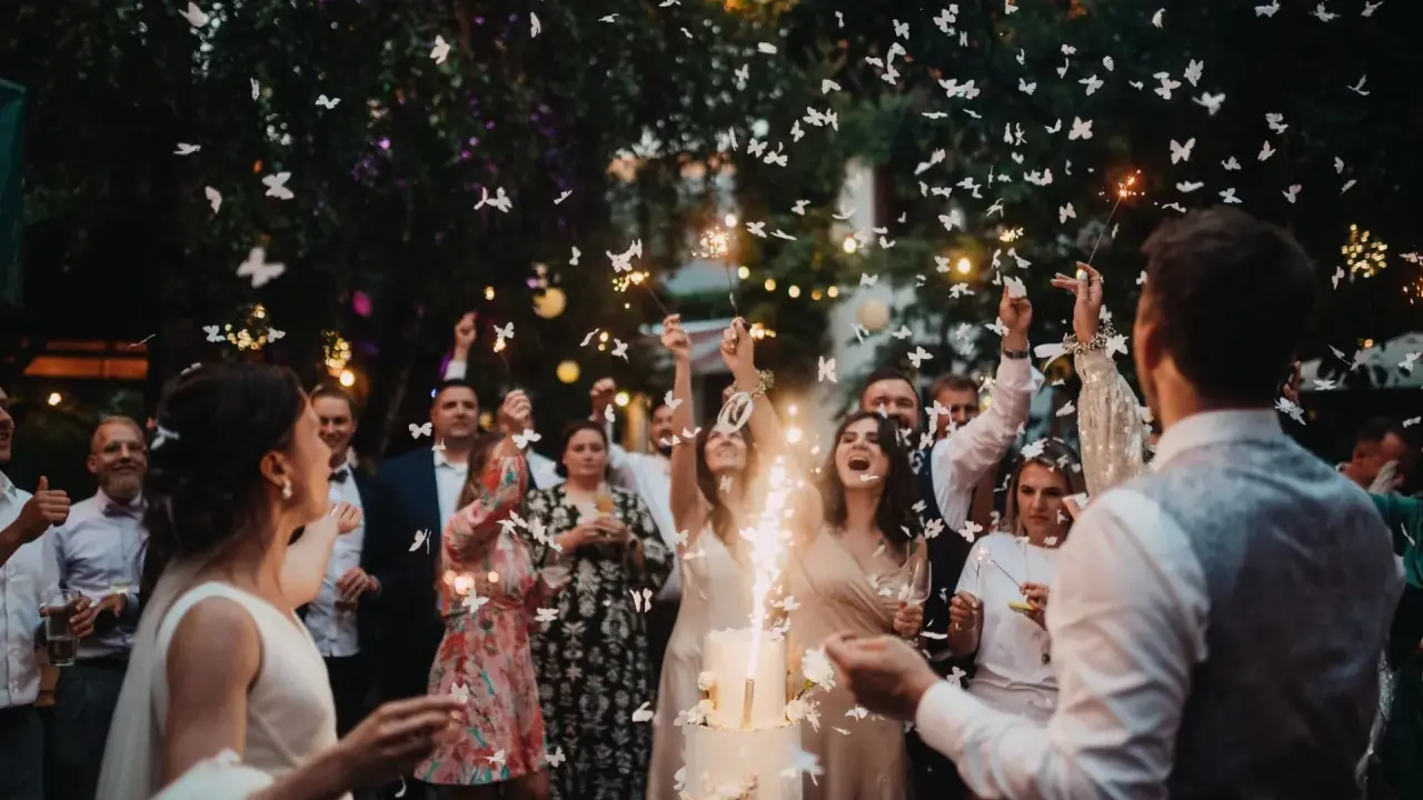 Eine ausgelassene Hochzeitsparty statt einer steifen Feier! Gäste werfen Schmetterlinge und zünden Wunderkerzen an, während das Brautpaar vor einem beleuchteten Kuchen steht.