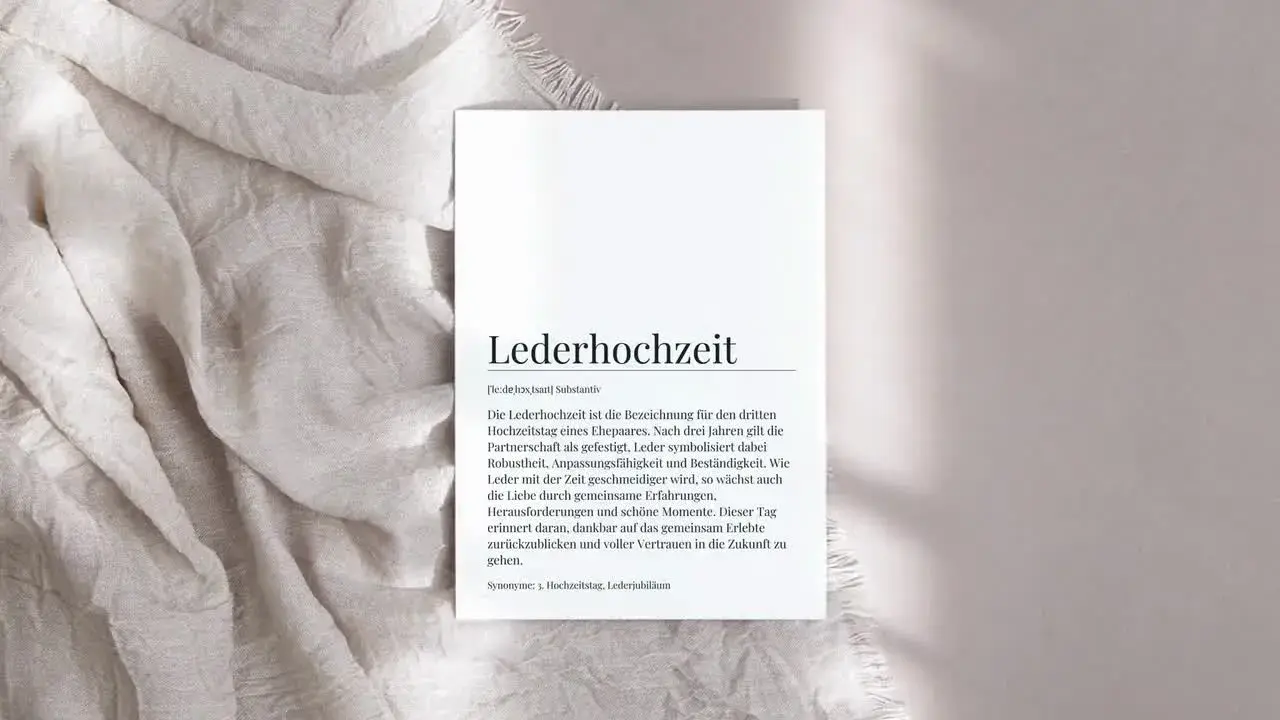 Ein Blatt Papier mit dem Text "Lederhochzeit" und einer Erklärung liegt auf einem hellen Stoff. Der Text beschreibt die Bedeutung der ledernen Hochzeit als Symbol für eine gefestigte Partnerschaft.