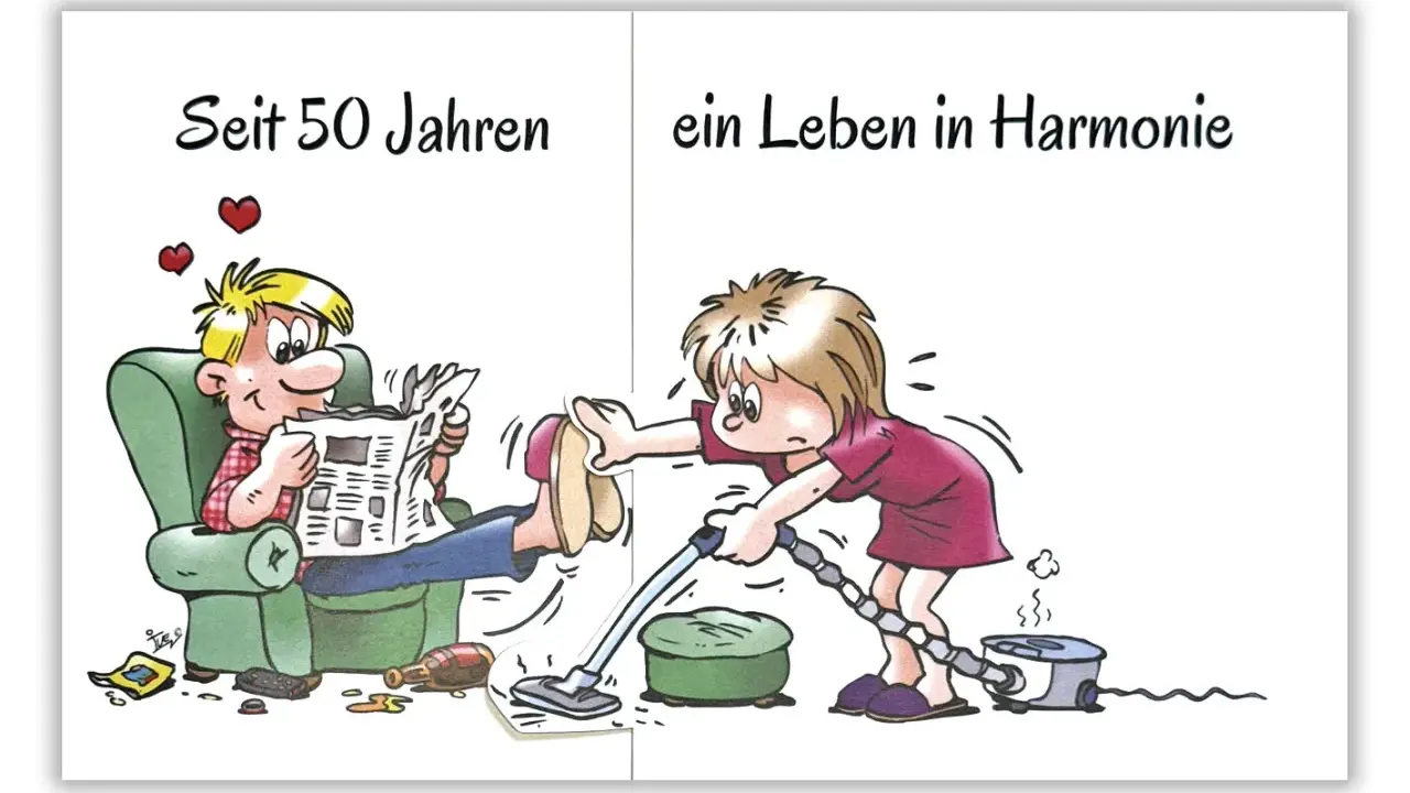 Lustiger Vortrag zur goldenen Hochzeit: Mann entspannt, Frau saugt. Ein Leben in Harmonie?