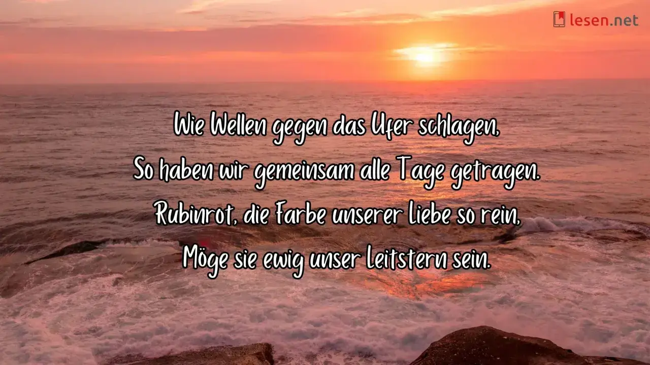 Ein Sonnenuntergang am Meer mit dem Spruch "40 Jahre verheiratet": Wie Wellen gegen das Ufer schlagen, so haben wir gemeinsam alle Tage getragen.