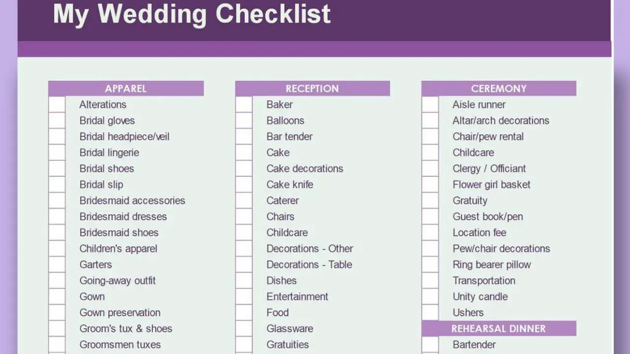 Hochzeits-Checkliste mit Kategorien wie Kleidung, Empfang und Zeremonie. Eine kostenlose Vorlage für Ihre Hochzeitsplanung.