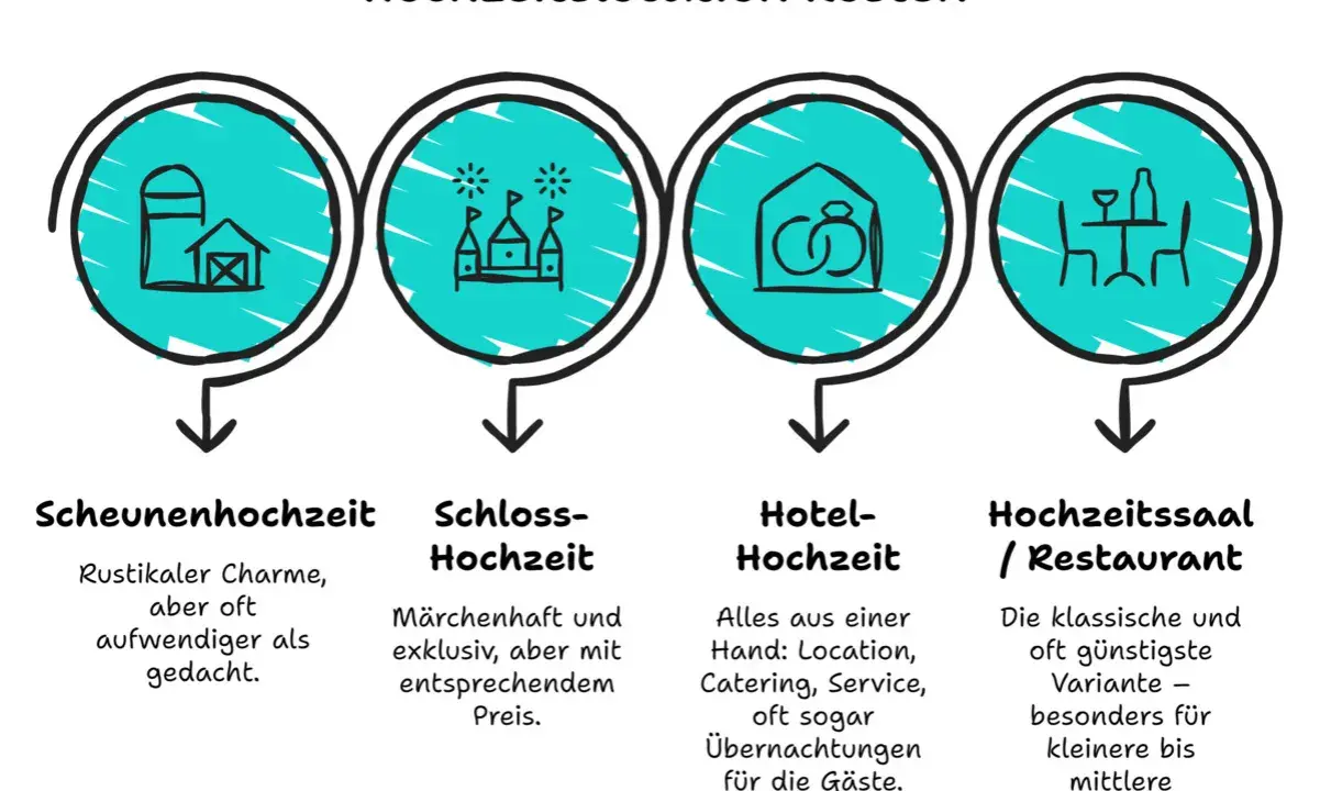 Vergleich von Hochzeitslocation Kosten: Scheune (rustikal), Schloss (märchenhaft), Hotel (all-inclusive) und Hochzeitssaal (klassisch/günstig).
