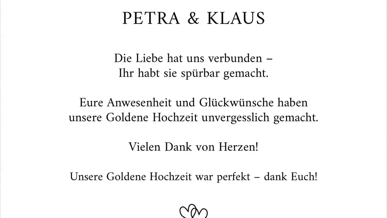 Dankeskarte zur Goldenen Hochzeit von Petra & Klaus. Ein schöner Spruch dankt den Gästen für ihre Anwesenheit und Glückwünsche.