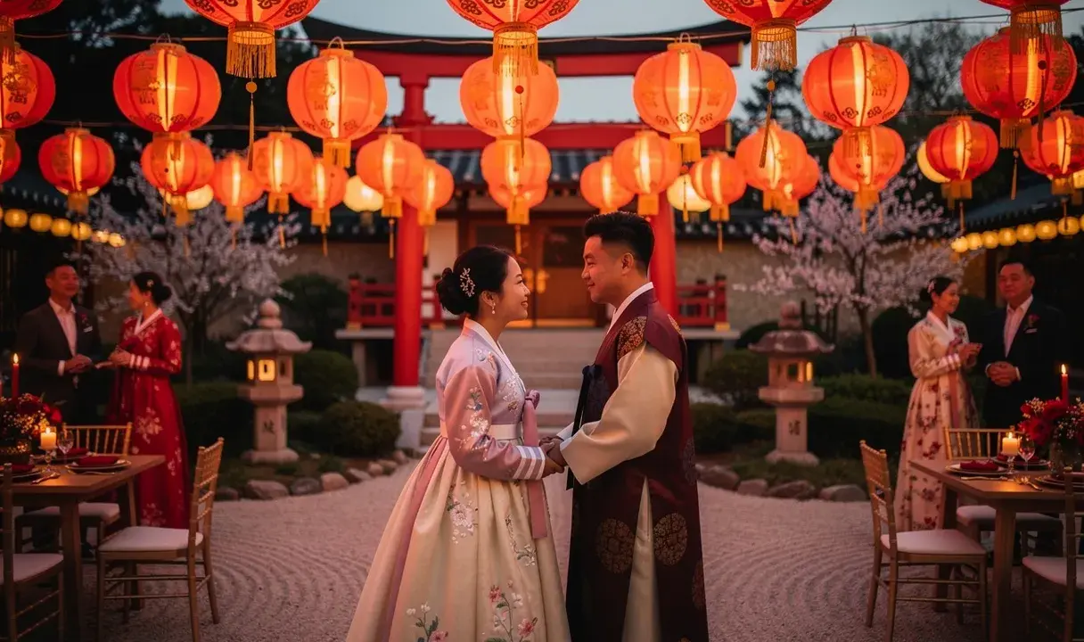 Ein Brautpaar in traditioneller Kleidung blickt sich unter roten Lampions an. Eine wunderschöne chinesische Hochzeit im Abendlicht.