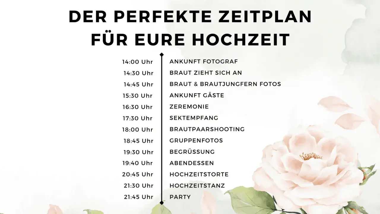 Der perfekte Zeitplan für eure Hochzeit: ab 15 Uhr Trauung, danach Feierlichkeiten wie Sektempfang, Abendessen und Party.