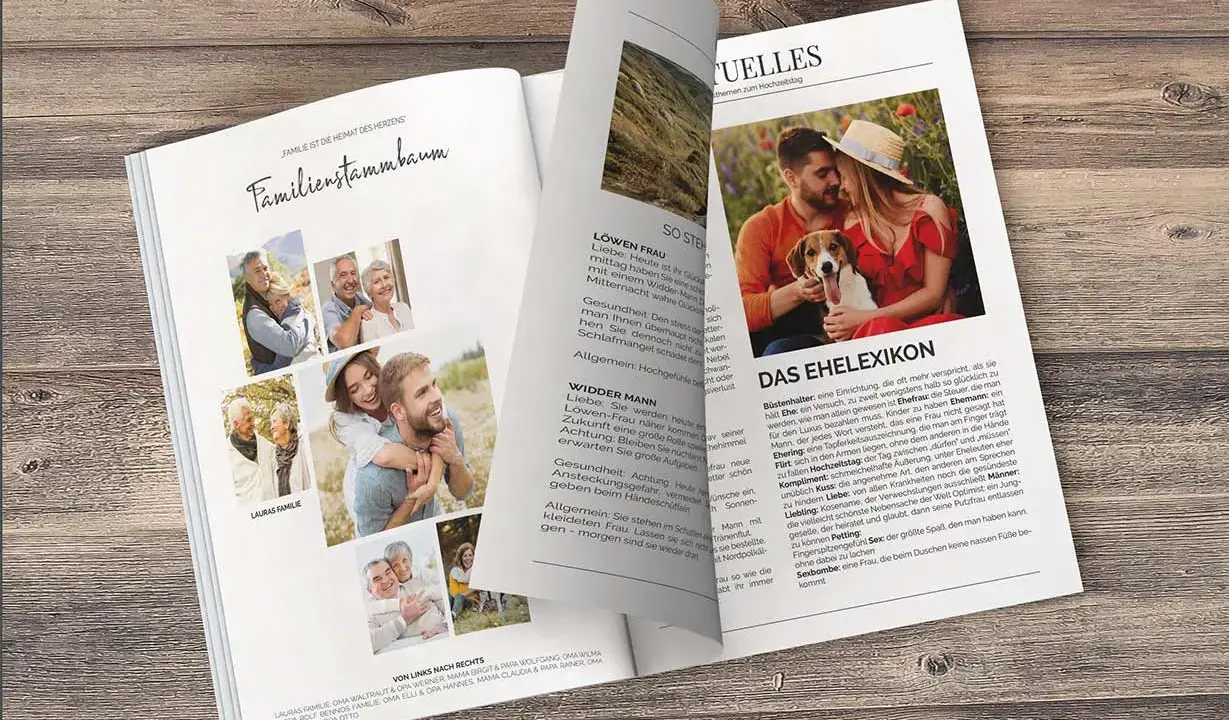 Ideen für eine Hochzeitszeitung: Ein Familienstammbaum mit Fotos und ein Ehelexikon mit humorvollen Definitionen.