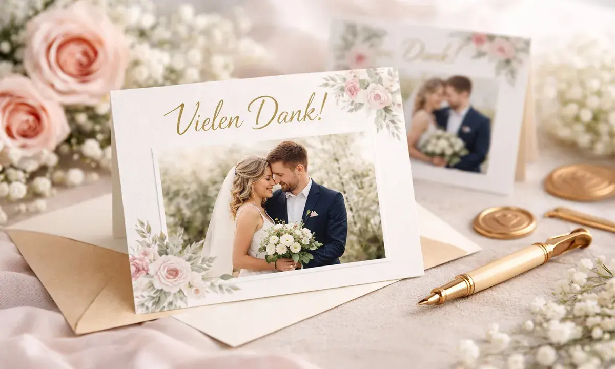 Hochzeitspaar auf Dankeskarte mit Blumen. Ein liebevoller Gruß nach der Hochzeit.