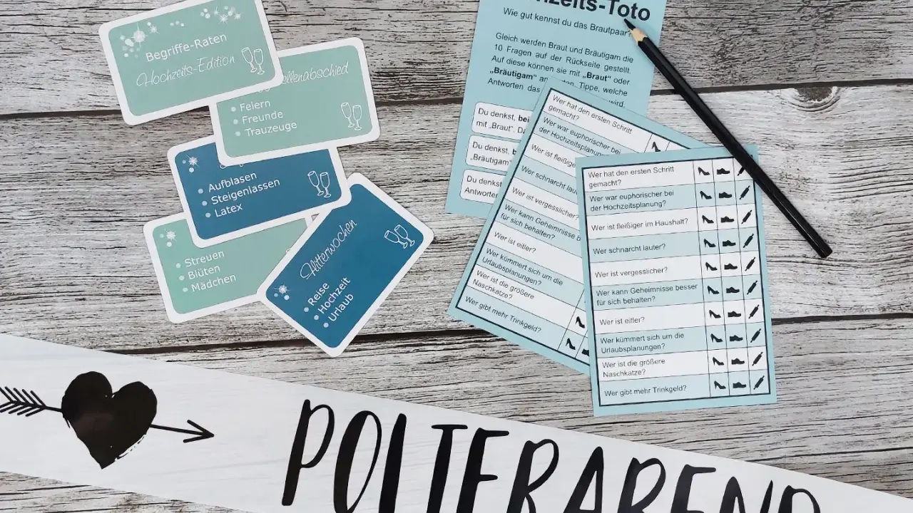 Hochzeitsspiele für den Polterabend: Karten mit Begriffen und ein Toto-Spiel, um das Brautpaar besser kennenzulernen.