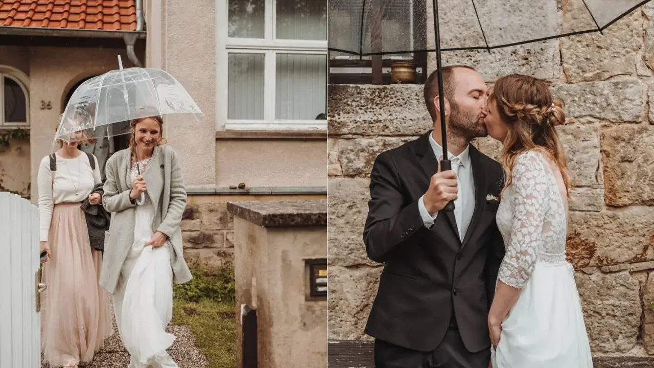 Brautpaar küsst sich unter einem Regenschirm. Eine Braut mit Begleitung geht im Regen. Hochzeit Regen.