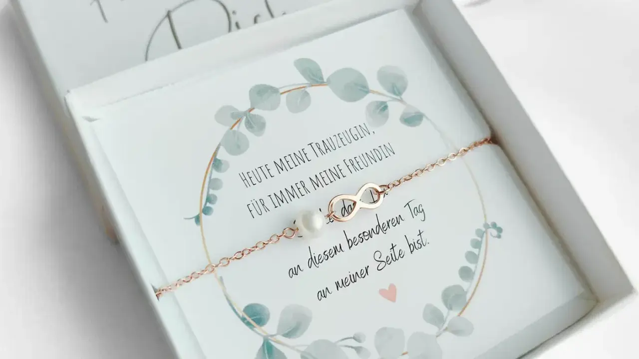 Ein Armband mit Unendlichkeitszeichen und Perle, verpackt mit einem **Trauzeugin Text**: "Heute meine Trauzeugin, für immer meine Freundin. An diesem besonderen Tag an meiner Seite bist.