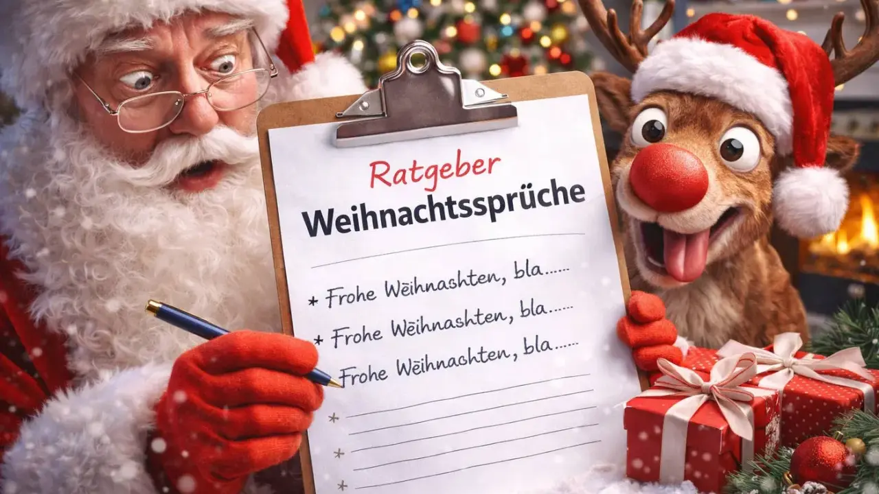 Nikolaus und Rentier erstellen eine Liste mit kurzen Weihnachtssprüchen.