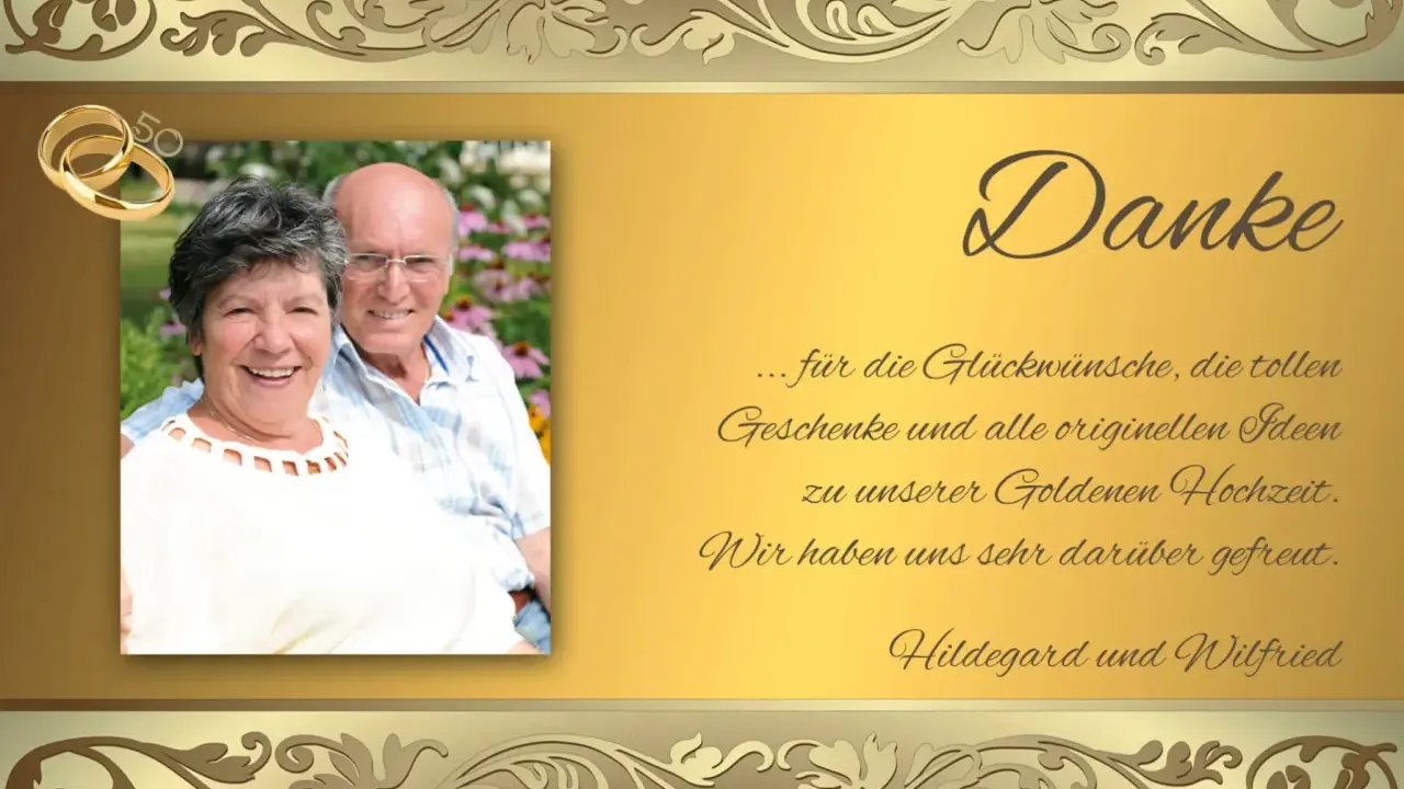 Ein glückliches Paar feiert seine Goldene Hochzeit. Eine lustige Danksagung für Glückwünsche und Geschenke.