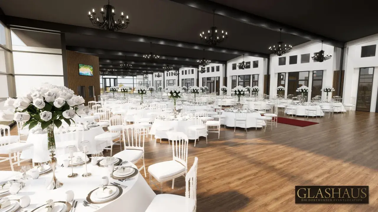 Elegante Glashaus Hochzeitslocation mit vielen weiß gedeckten Tischen, weißen Stühlen und üppigen Blumenarrangements.