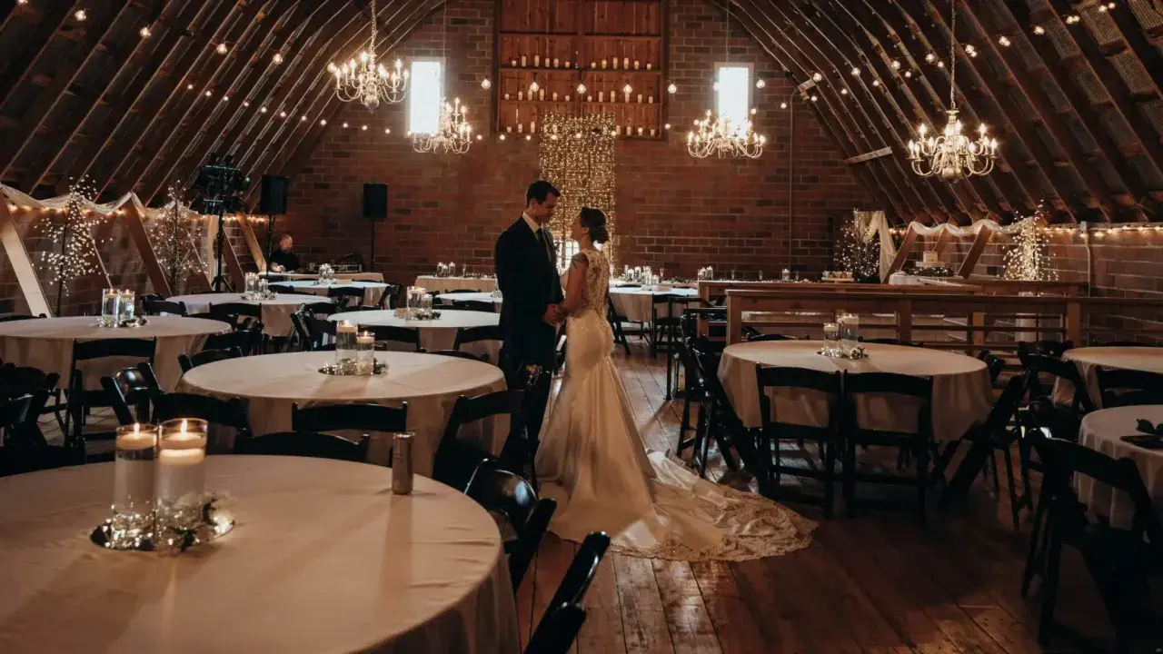 Ein Brautpaar steht sich in einem rustikalen Saal gegenüber, der für eine minimalistische Hochzeit mit Lichterketten und Kerzen dekoriert ist.