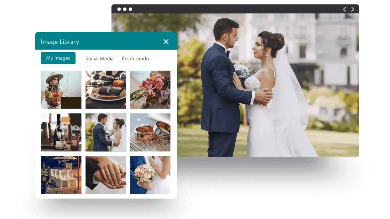 Beispiele für Hochzeitshomepages: Eine Bildbibliothek zeigt Hochzeitsfotos, darunter ein Brautpaar, Ringe und Blumen.