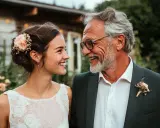 Glücklicher Vater und Tochter, die sich ansehen. Sie lächeln beide. Sie ist in einem weißen Spitzenkleid, er in einem Anzug. Ein schöner Moment vor der Rede zur Hochzeit der Tochter.