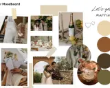Hochzeits-Moodboard mit Brautpaar, Tischdeko, Champagner und Torte. Natürliche Farben und romantische Stimmung.