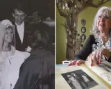 Eine Braut und ihr Bräutigam auf einem Hochzeitsfoto, daneben eine ältere Dame, die in einem Album blättert, das wie eine alte **Hochzeitsanzeige Zeitung** aussieht.