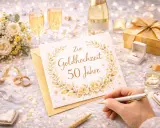 Festliche Szene zur goldenen Hochzeit: Karte mit "Zur Goldhochzeit 50 Jahre", Champagner, Rosen, Ringen und Geschenk. Perfekt, um Ideen zu sammeln, was man zur goldenen hochzeit schreibt.