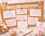 Hochzeitssprüche auf einer Pinnwand, umgeben von Rosen, Kerzen und Geschenken. Eine süße Idee für Hochzeit Gratulation.