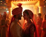 Ein strahlendes Paar bei einer indischen Hochzeit. Der Bräutigam trägt einen goldenen Sherwani und einen roten Turban, die Braut ein rotes Sari-Kleid und Schmuck.