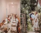 Festlich gedeckter Tisch für eine Hochzeit im kleinen Kreis. Eine Gruppe von Gästen geht durch einen Garten.