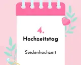 4. Hochzeitstag: Seidenhochzeit. Ein Kalenderblatt mit Herz und Ringen feiert vier Jahre Ehe.